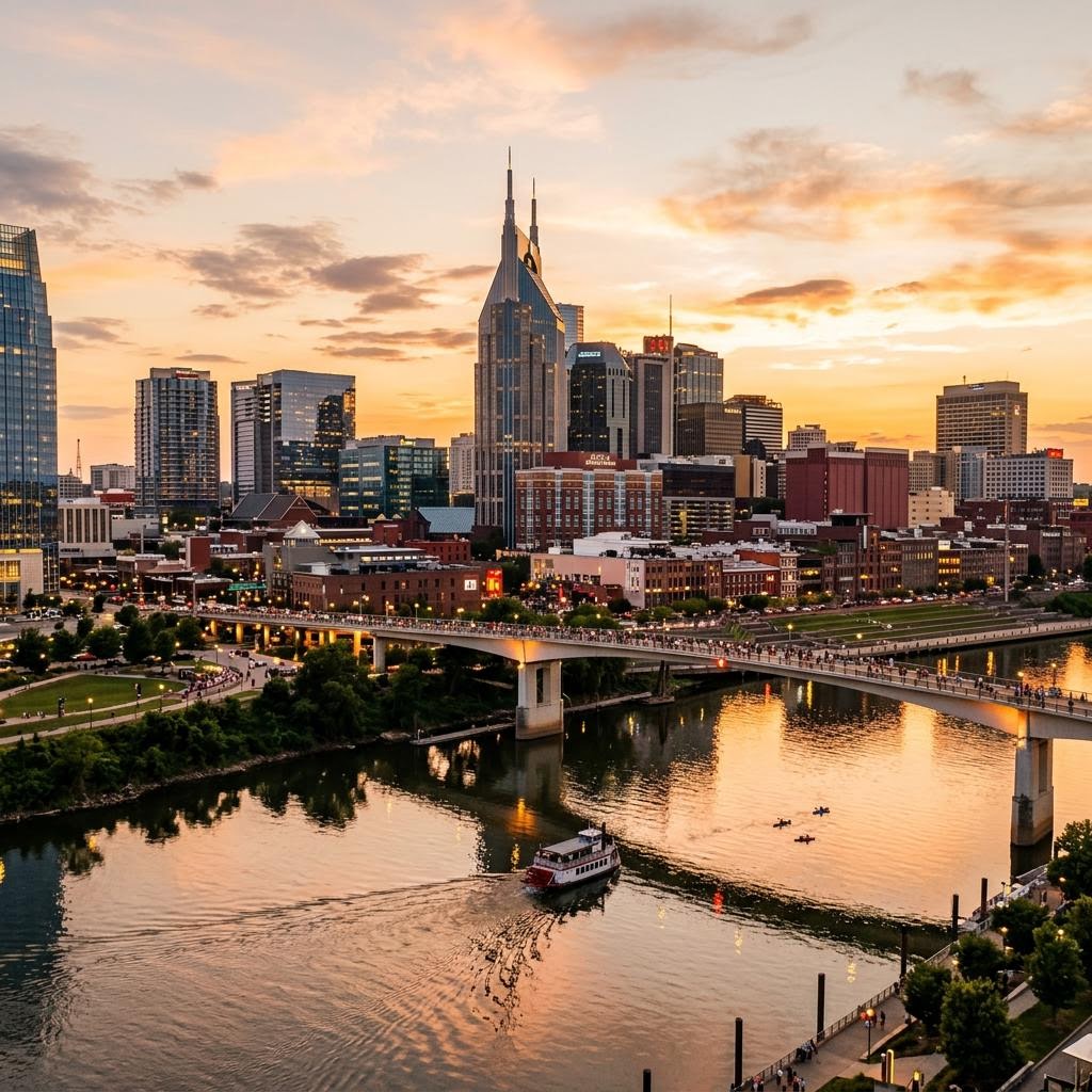 Nashville Middle Tennessee city skyline at warm sunset