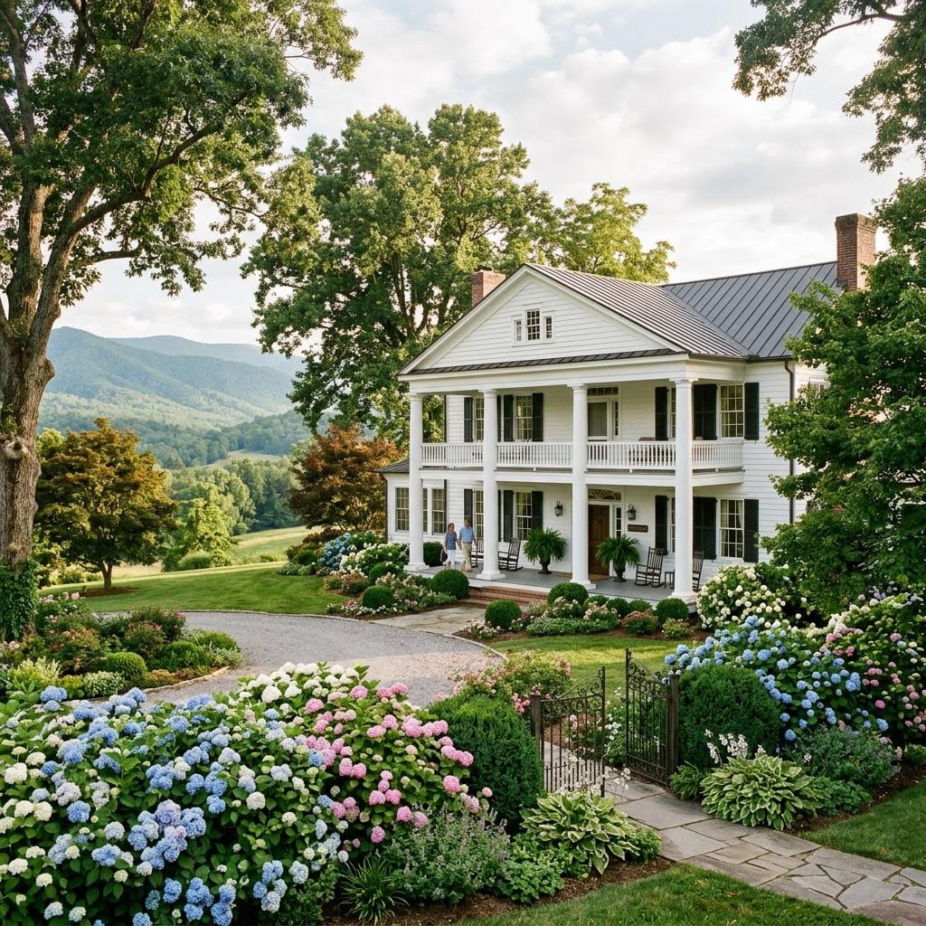 A beautiful Southern home estate in North Alabama with white porch columns and blooming hydrangeas